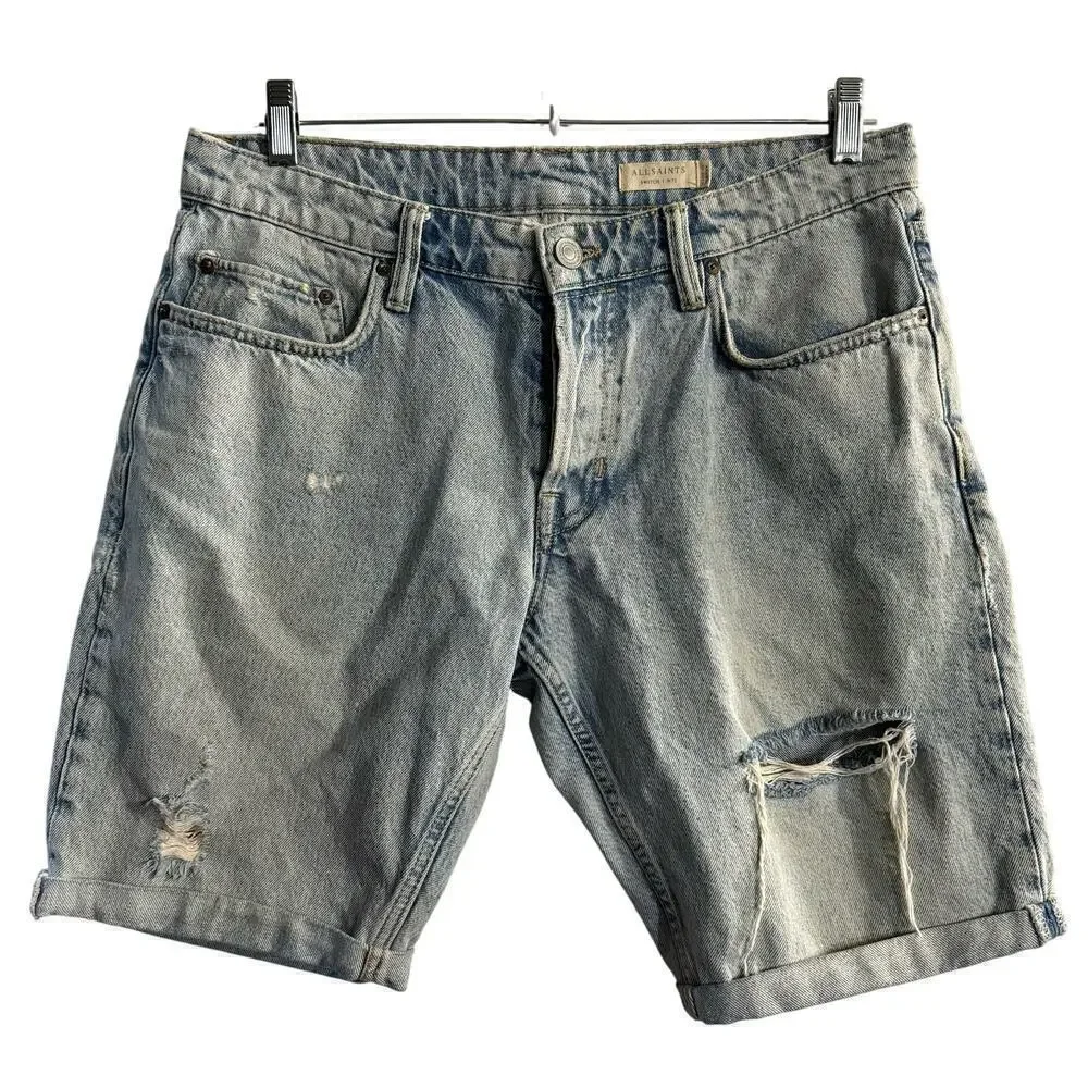 AllSaints Switch Distressed Mens Bermuda Jean Denim Shorts Blue Size 32